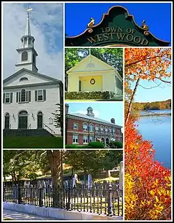 From left to right: Westwood First Parish Church, inscription on town clock, Fisher School House, Hale Reservation, Town Hall, and the Old Burial Ground