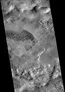 Baltisk crater, as seen by CTX camera on MRO.  Dark areas are dunes.  Fans are visible in the lower right.