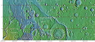 Topography map of Oxia Palus region of Mars, showing the location of a number of chaos regions