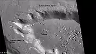 Wide CTX view of mesa showing lineated valley fill and lobate debris apron (LDA).  Both are believed to be debris-covered glaciers.  Location is Ismenius Lacus quadrangle.