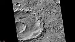 Gasa Crater, as seen by CTX Note: Gasa Crater is the smaller crater.  It is believed the impact that created Gasa occurred in a debris-covered glacier.