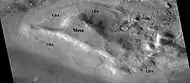 Lobate debris aprons (LDAs) around a mesa, as seen by CTX.  Mesa and LDAs are labeled so one can see their relationship.  Radar studies have determined that LDAs contain ice; therefore, these can be important for future colonists of Mars.  Location is Ismenius Lacus quadrangle.