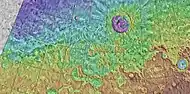 MOLA map of Sinton crater and other nearby craters.  Colors indicate elevations.