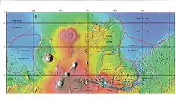 MOLA map showing boundaries for Amazonis Planitia and other regions  Colors indicate elevations.