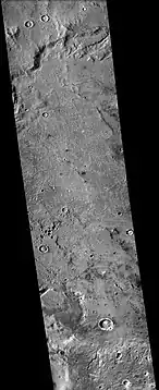 Sklodowska (Martian crater), as seen by CTX camera (on Mars Reconnaissance Orbiter).  Small channels are visible along the eroded, southern rim.