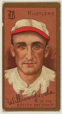 A baseball card image of a strong-nosed man in a white old-time baseball cap and shirt