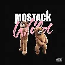 An image of two brown teddy bears in a black background. The artist's name is colored in white and below it is the song title written cursively in pink.