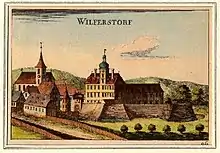 Illuminated engraving of Wilfersdorf Castle, 1674