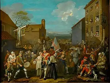 The March of the Guards to Finchley, 1749–50, with soldier and pregnant ballad-seller in foreground. Her basket has copies of "God Save the King".