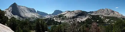 Haystack Mountain (left), Temple Peak centered in back, Schiestler Peak (right)