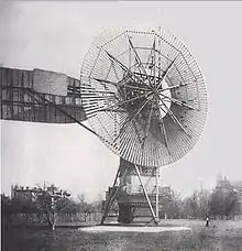 Image 31The first automatically operated wind turbine, built in Cleveland in 1887 by Charles F. Brush. It was 60 feet (18 m) tall, weighed 4 tons (3.6 metric tonnes) and powered a 12 kW generator. (from Wind turbine)