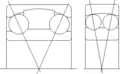 Sven Wingqvist self-aligning ball bearing. First version 1906 to the left and final version 1907. Compare the hand drawn sketch from 1906. Redrawn original drawings from SKF archive.