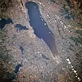 Winnebago pool, July 1996. Lake Winnebago is in the center, with Lake Butte des Morts just to the left of the center of the lake.