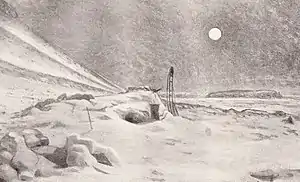 Artist's impression: A full moon in a dark sky; on the ground a mound of snow with a small square opening indicates the hut, with an upturned sledge standing outside. The surrounding area is all desolate snow and ice fields.