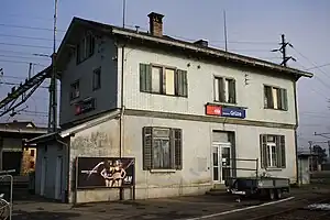 Two-story building with gabled roof