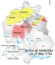 Outline map of northern Switzerland, showing location of armies in relation to one another; the French army is more than half encircled by the Austrians.