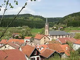 The church and surroundings in Wisembach