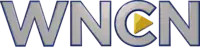 A silver lettering "WNCN" in a sans serif with blue edging. Lodged in the middle of the C is a triangle pointing forward.