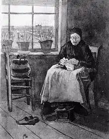  An old woman wearing a cap is seated knitting by a window. Her workbag is on a chair beside her. She has taken off her shoes and her feet are resting on a footstool. There are pots of flowers on the window sill and a view across some meadows of distant buildings through the window. The room is rather bare.