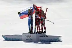 Tina Maze, Dominique Gisin and Lara Gut atop the podium