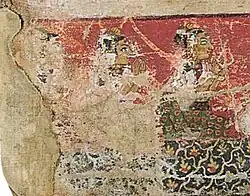 Highly damaged miniature of Vishva Laksmhi (far left). Front of her are Bhanumati, her sister in law and Lalamati, her mother in law.