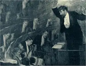 bearded man in evening dress seen from his left, conducting an orchestra and making a dramatic gesture, holding the baton high over his head