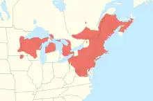 Map of the eastern United States and eastern Canada, read coloring marks the wood turtles inhabitance.