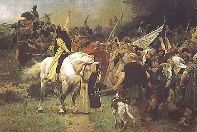 Walter Dodde und die bergischen Bauern bei der Schlacht bei Worringen("Walther Dodde and the Peasants of Berg at the Battle of Worringen")— displayed in Düsseldorf, completed in 1893