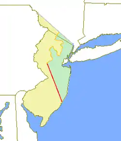 The original provinces of West and East Jersey are shown in yellow and green, respectively. The Keith Line is shown in red, and the Coxe–Barclay Line is shown in orange.