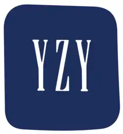 Large navy blue square with rounded edges with "YZY" in large white text in the center.