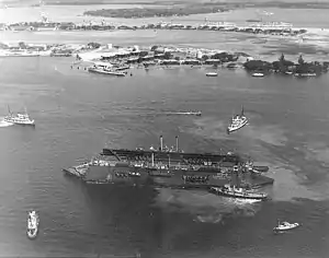 Auxiliary floating drydock USS YFD-2 arriving Pearl Harbor in 1940