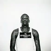 A mugshot image of YG in black and white while wearing a necklace with a mugshot sign reading "YG MY KRAZY LIFE 03192009".