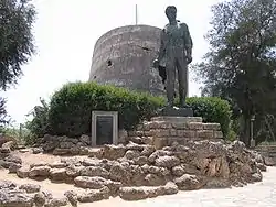 Memorial to Mordechai Anielewicz next to the destroyed Water tower at Yad Mordechai