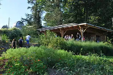 Yale students ascend steps towards the Lazarus pavilion at the Yale farm