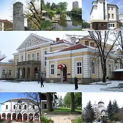 Top left: Statue of George Sheytanov, Top middle: Tundzha River, Top right: Georgi Rakovski Library in Osvobozhdenie Square, Center: Saglasie Community Hall, Bottom left: Yambol Saint George Orthodox Church, Bottom middle: Ormana Park, Bottom right: Saint Nikolay Church of Yambol