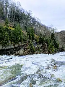 Portrait photo showing Yellow Creek Spillway, with lake waters flowing into Yellow Creek