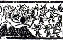 Yinan tombs relief, depicting an attack by Hu barbarians with pointed hats, bow and arrows. 2nd century AD, Eastern Han.