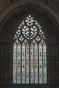 West window of York Minster, in curvilinear Decorated style, with a Flamboyant heart-shaped top (14th c.)