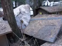 A photo showing cabin damage in Curry Village after the 2008 rockfall.