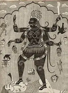 Representation of a female monstrous figure with four arms holding human heads.