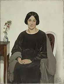 Painted portrait of Yvonne Diéterle sitting in a chair, wearing dark-colored, loose-fitting clothes