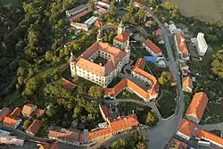 Aerial view of the castle in the town