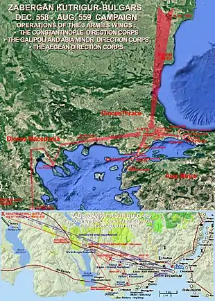 Zabergan Kutrigur-bulgars Byzantine war 558 - 559 map