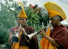 Playing gyaling at Lingshed Monastery