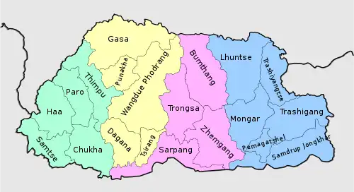 A map of Bhutan showing the four dzongdeys.