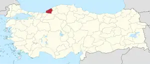 Zonguldak highlighted in red on a beige political map of Turkeym