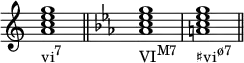 
{
\override Score.TimeSignature #'stencil = ##f
\relative c'' {
   \clef treble
   \time 4/4
   \key c \major
   <a c e g>1_\markup { \concat { "vi" \raise #1 \small "7" } } \bar "||"

   \clef treble
   \time 4/4
   \key c \minor
   <aes c es g>1_\markup { \concat { "VI" \raise #1 \small "M7" } }
   <a c es g>_\markup { \concat { "♯vi" \raise #1 \small "ø7" } } \bar "||"
} }
