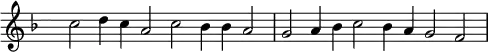 
{ \key f \major 
\set Score.tempoHideNote = ##t
\tempo 2=72
\set Staff.midiInstrument = "english horn"
\override Score.TimeSignature #'transparent = ##t 
\override Score.BarNumber  #'transparent = ##t
\time 6/2
c''2 d''4 c'' a'2 c'' bes'4 bes' a'2
g'2 a'4 bes' c''2 bes'4 a' g'2 f'
}
