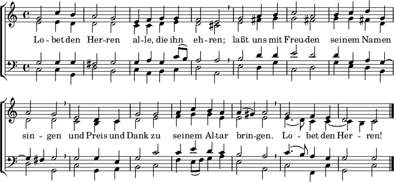 
% From https://www.johann-crueger.de/praktische-ausgaben/lobet-den-herren-alle-die-ihn-ehren_crueger-1657-58_131_eg-447.pdf
\header { tagline = ##f }
\layout { indent = 0
          \context { \Score \remove "Bar_number_engraver" }
          \context { \Voice \remove "Dynamic_engraver" }
}
global = { \key c \major \time 4/4 }
soprano = { \global \set Staff.midiPanPosition = -0.5 \set midiInstrument = "flute"
  g'2 c''4 b'4 | a'2 g'2 | e'4 f'4 g'4 g'4 | f'2 e'2 | \breathe
  g'2 a'4 b'4 | c''2 a'2 | b'4 c''4 d''4 g'4 | a'2 g'2 | \breathe
  e'2 d'4 c'4 | g'2 g'2 | a'4 c''4 b'4 a'4 | a'4 ( gis'4 ) a'2 | \breathe g'2 f'4 e'4 | d'2 c'2 \bar "|."
}
alto = { \global \set Staff.midiPanPosition = 0.5 \set midiInstrument = "oboe"
  e'2 e'4 d'4 | d'2 d'2 | c'4 c'4 d'4 e'4 | d'2 cis'2 \breathe
  e'2 fis'4 g'4 | g'2 fis'2 | g'4 g'4 fis'4 d'4 | d'2 d'2 \breathe
  c'2 b4 c'4 | d'2 e'2 | f'4 g'4 g'4 e'4 | e'2 e'2 \breathe | e'4. (d'8) c'4 c'4~ | c'4 b4 c'2
}
tenor = { \global \set Staff.midiPanPosition = -1 \set midiInstrument = "clarinet"
  g2 g4 g4 | fis2 g2 | g4 a4 g4 c'8 (b8) | a2 a2 | \breathe
  b2 d'4 d'4 | e'2 d'2 | d'4 g4 a4 g4~ | g4 fis4 g2 | \breathe
  g2 g4 e4 | g2 c'2 | c'4 e'4 d'4 c'4 | b2 a2 | \breathe c'4. (b8) a4 g4 | g2 g2
}
bass = { \global \set Staff.midiPanPosition = 1 \set midiInstrument = "bassoon"
  c2\ffff c4 g,4 | d2 b,2 | c4 a,4 b,4 c4 | d2 a,2 | \breathe
  e2 d4 g4 | c2 d2 | g4 e4 d4 b,4 | d2 g,2 | \breathe
  c2 g,4 a,4 | b,2 c2 | f4 e8 (f8) g4 a4 | e2 a,2 | \breathe c2 f,4 c4 | g,2 c2
}
verse = \lyricmode {
  Lo -- bet den Her -- ren al -- le, die ihn eh -- ren;
  laßt uns mit Freu -- den sei -- nem Na -- men sin -- gen
  und Preis und Dank zu sei -- nem Al -- tar brin -- gen.
  Lo -- bet den Her -- ren!
}
\score {
  \new ChoirStaff <<
    \new Staff \with {
      % midiInstrument = "choir aahs"
    } <<
      \new Voice = "soprano" { \voiceOne \soprano }
      \new Voice = "alto" { \voiceTwo \alto }
    >>
    \new Lyrics \with {
      \override VerticalAxisGroup #'staff-affinity = #CENTER
    } \lyricsto "soprano" \verse
    \new Staff \with {
      % midiInstrument = "choir aahs"
    } <<
      \clef bass
      \new Voice = "tenor" { \voiceOne \tenor }
      \new Voice = "bass" { \voiceTwo \bass }
    >>
  >>
  \layout { }
  \midi { \tempo 4=136
    \context { \Score midiChannelMapping = #'instrument }
    \context { \Staff \remove "Staff_performer" }
    \context { \Voice \consists "Staff_performer" }
  }
}
