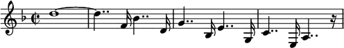 
{ \set Staff.midiInstrument = #"piano" \key d \minor \clef treble \time 2/2 \set Score.tempoHideNote = ##t \tempo 4 = 110
         d''1~
         d''4.. f'16 bes'4.. d'16
         g'4.. bes16 e'4.. g16
         c'4.. e16 a4.. r16 }
